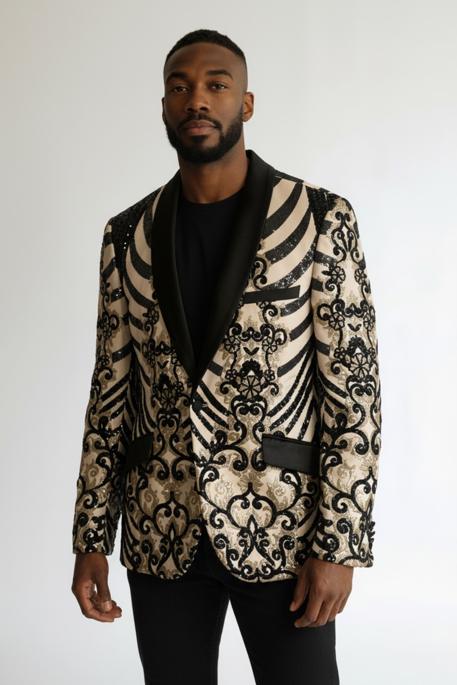 Barabas Black & Gold Sequin Damask Shawl Tuxedo Blazer SZ 42/L